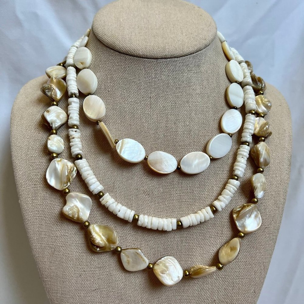 Boho Style Brass Tone Beach Shell Necklace Set of 3